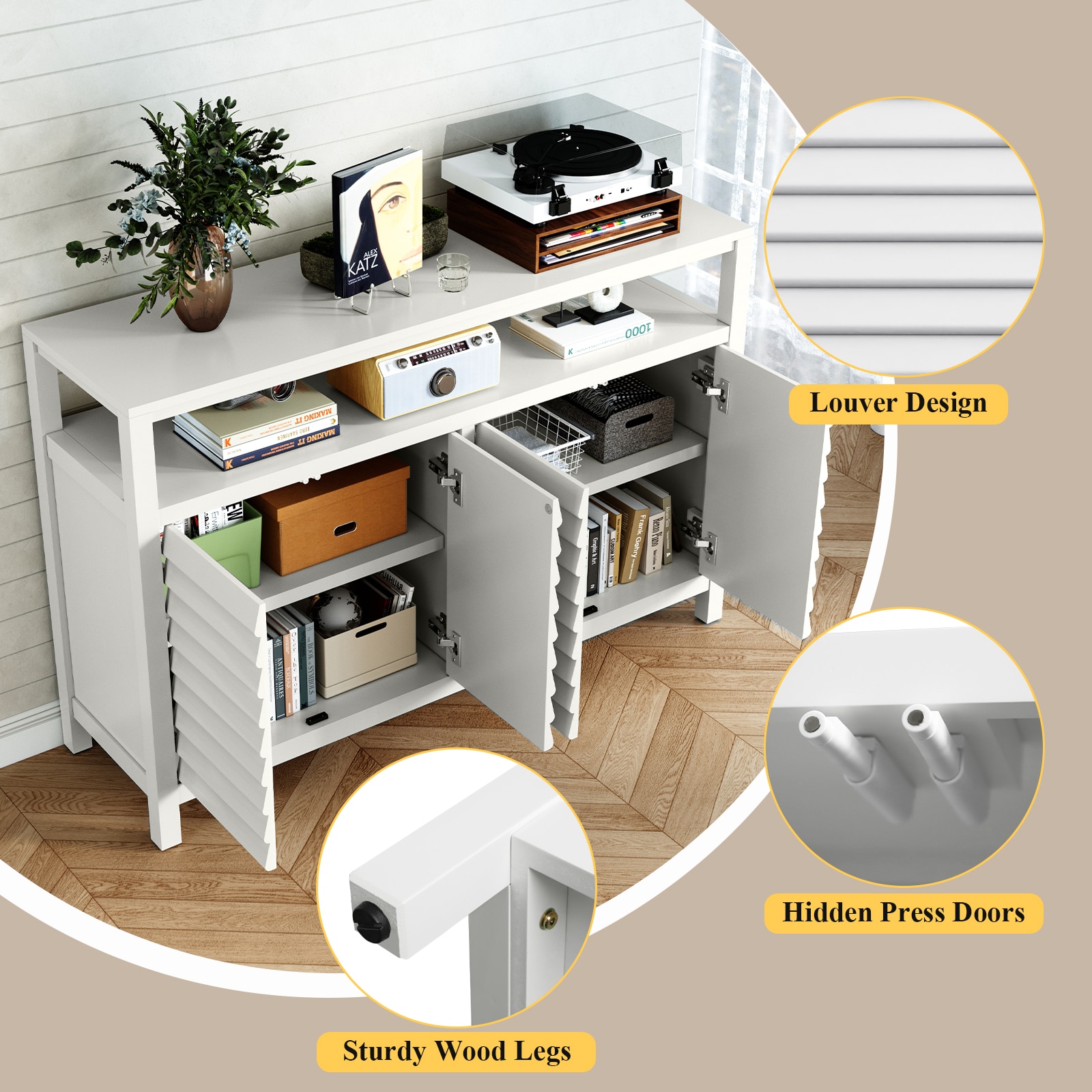 Home Office Cabinet With 4 Doors&Shelves, Accent Storage Cabinet With Decorative Louvered Doors, White Credenza Storage Cabinet For Living Room, Hallway, Kitchen, Dining Room_voghion.com